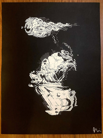 Beyond the Sea GL1TCH Serigraph in white ink on black paper, showcasing modern graphic designs and unique streetwear aesthetics.