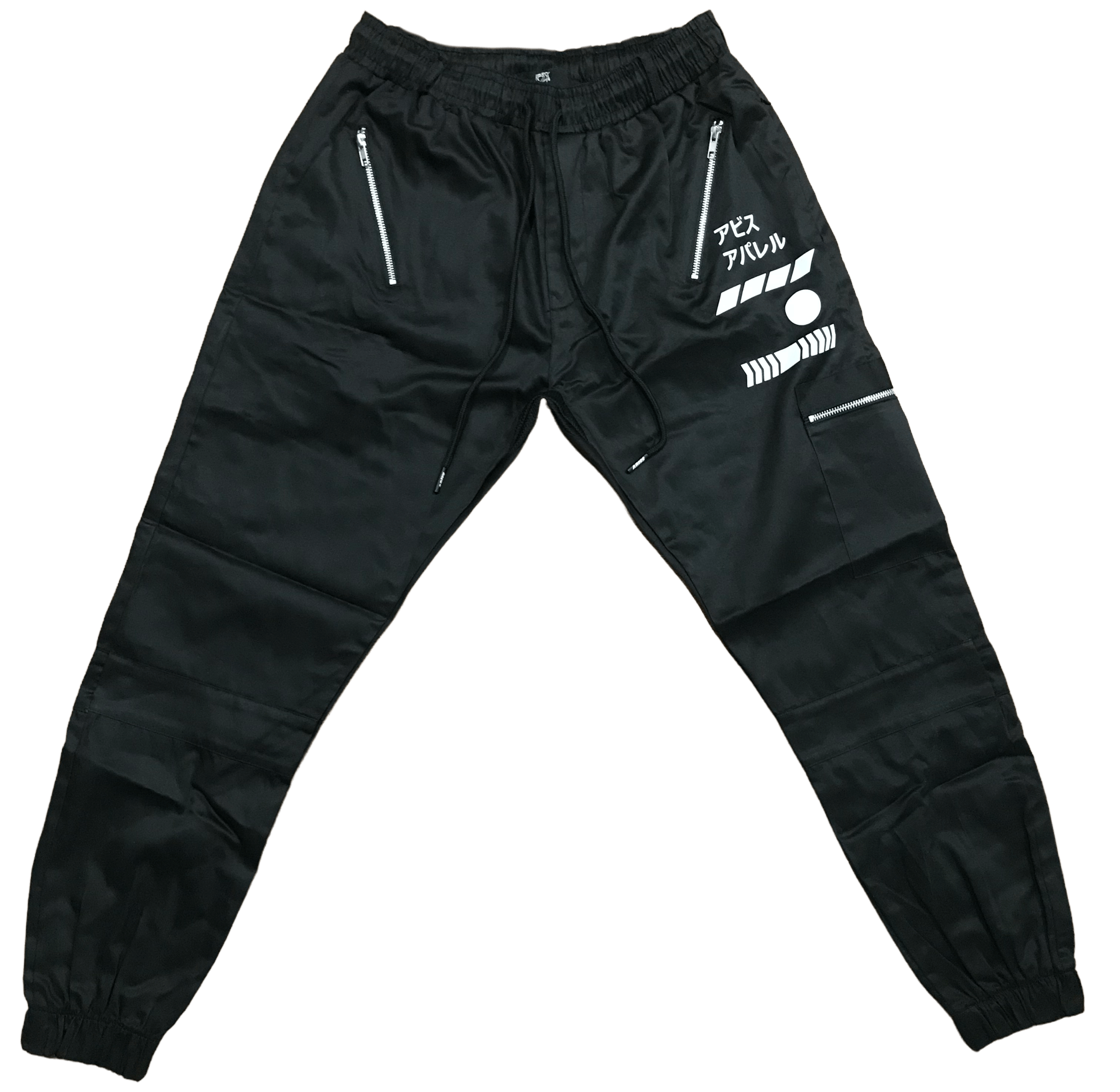 C2-K1 slim fit black joggers by Abiss Apparel with zipper pockets and graphic designs, perfect for modern streetwear style.